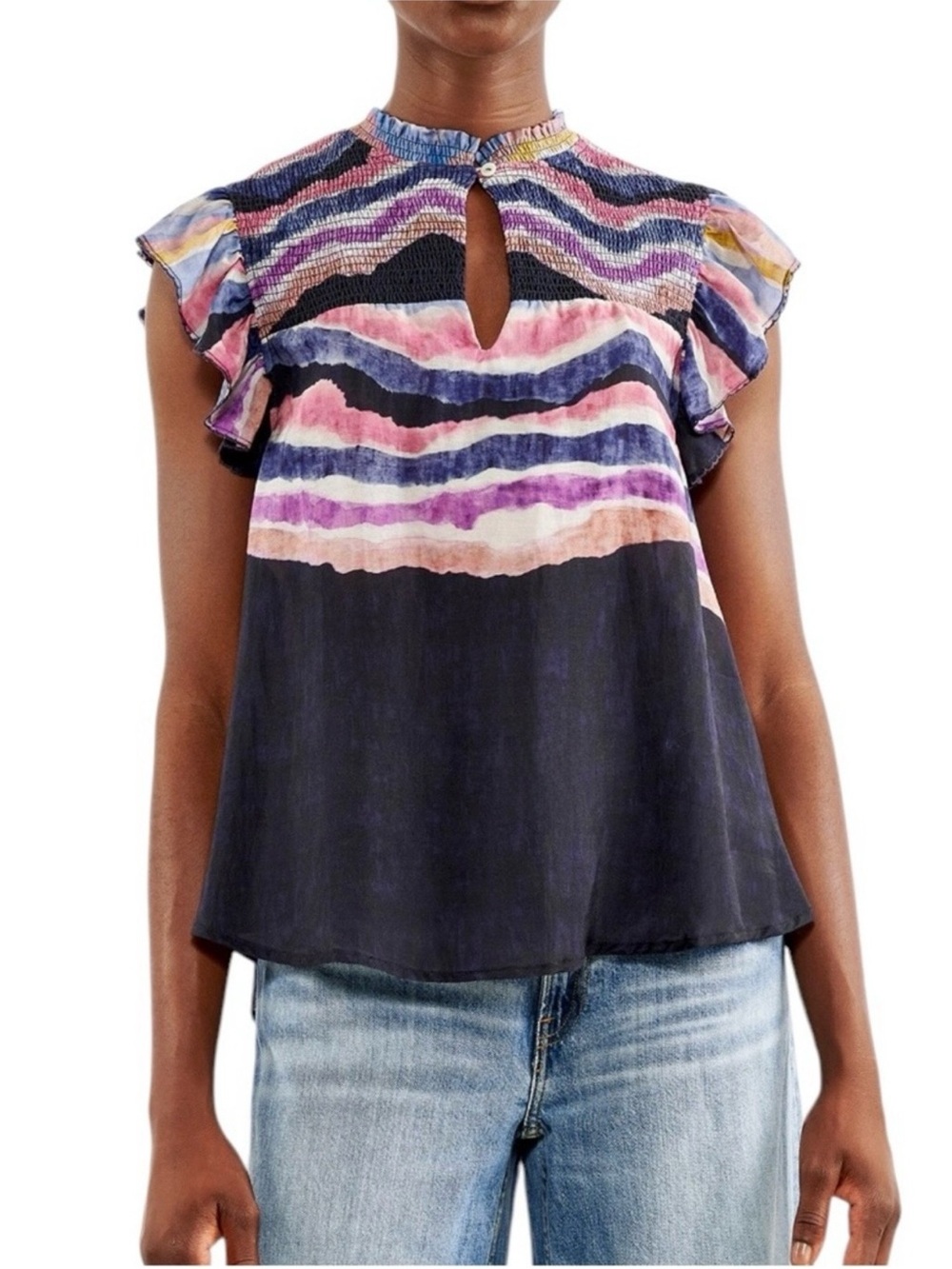 Chufy Northern Lights Kaia Navy Watercolor Top Ruffle Tie Dye Stripes Size M